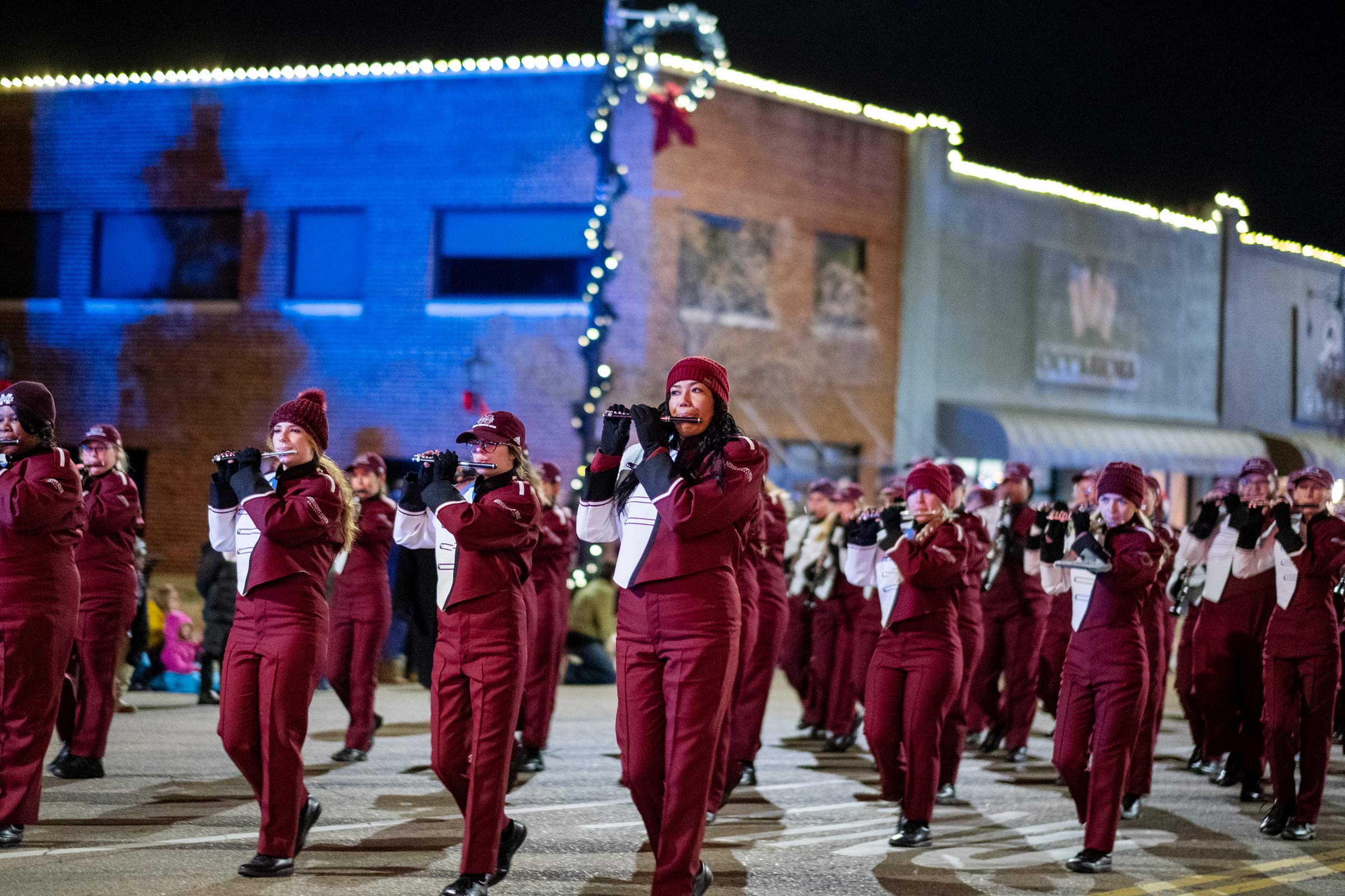 MSU's Famous Maroon Marching Band marches through downtown Starkville as part of the 2019 Christmas Parade.