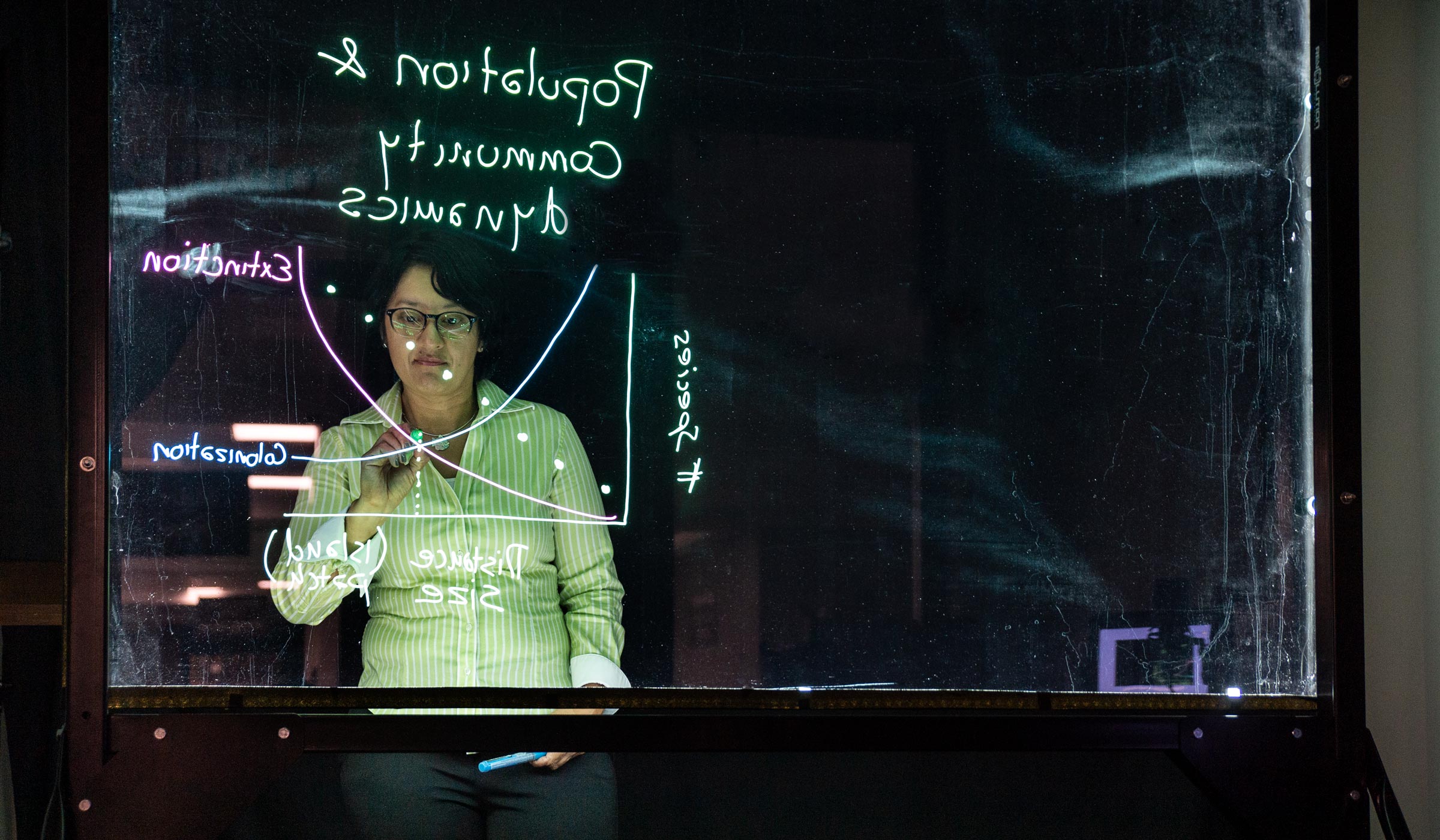 Professor Sandra uses the Library AV Studio's lightboard to record her Sandra Correa uses the technology in the Library's AV Studio (in the MaxxSouth Digital Media Center) to record her summer school Applied Ecology class.