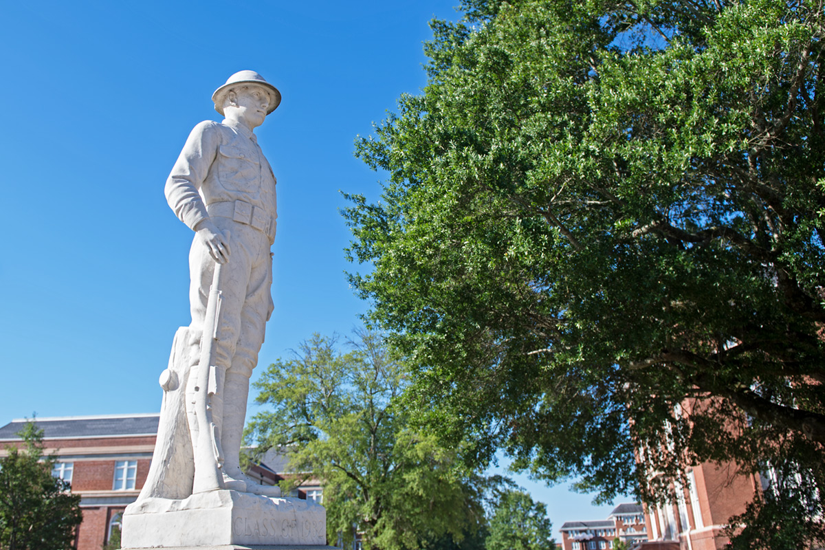 "Doughboy" statue that commemorates the lives lost in World War I near the Drill Field