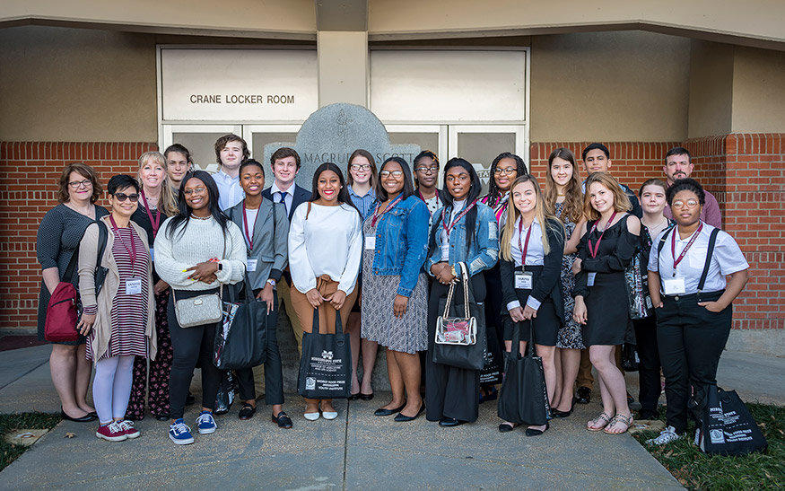 The 2019 World Food Prize Mississippi Youth Institute Borlaug Scholars with their teachers and mentors include: Front row (left to right): Annette Glover (teacher, Golden Triangle Early College High School); Mylor Hammond; Alexandra Magee; Jilkiah Bryant; Samya Brooks; Aymelia Stevenson; Sarina Dale; Destiny Jones; Abby Romig; and Keith Peoples. Back row (left to right): Toni Buchanan (teacher, Clarkdale High School); Tina Gibson (teacher, Mississippi School for Mathematics and Science); Alex Provencher; Gabriel Phillips; Curt Todd III; Kayann Matlock; Frederica Hargrove; Roslyn Butler; Mary Redman; Ashref Abdulla; and Mark Dale (parent mentor). Not pictured is Dennis Lee. (Photo by David Ammon)