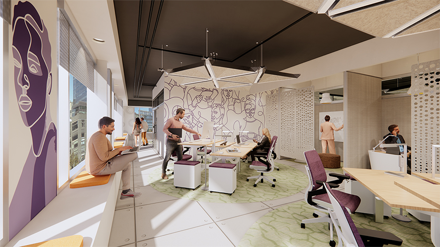 A rendering shows an open office design concept.