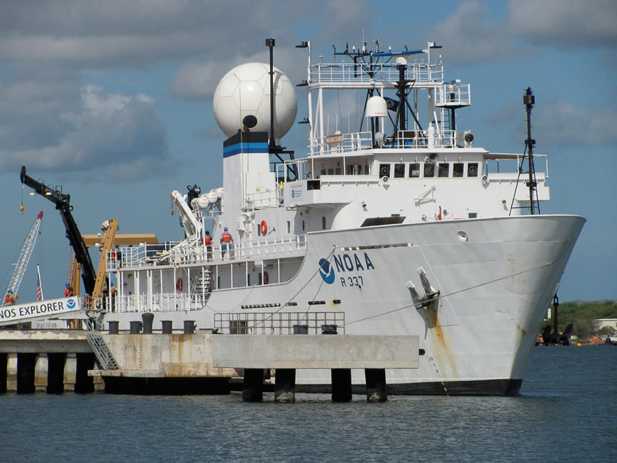 Regarded as “America’s Ship for Ocean Exploration,” the Okeanos Explorer is the only federally funded U.S. ship assigned to systematically explore the ocean for the purposes of discovery and advancement of knowledge. (Image courtesy of NOAA Office of Ocea Regarded as “America’s Ship for Ocean Exploration,” the Okeanos Explorer is the only federally funded U.S. ship assigned to systematically explore the ocean for the purposes of discovery and advancement of knowledge. (Image courtesy of NOAA Office of Ocean Exploration and Research/ oceanexplorer.noaa.gov/okeanos/about.html)