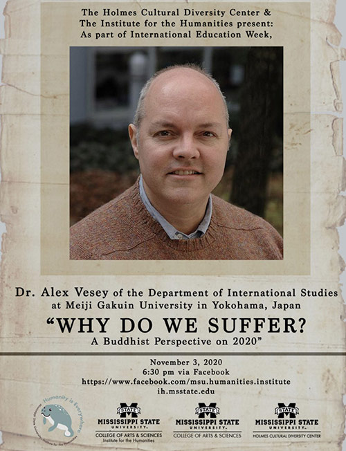 Event flyer promoting speaker with portrait of Alex Vesey